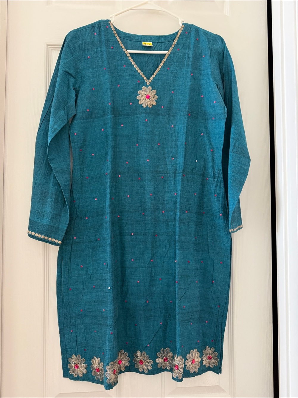 Teal Embroidered cotton V-Neck Tunic with Floral embroidery and pink sequins
